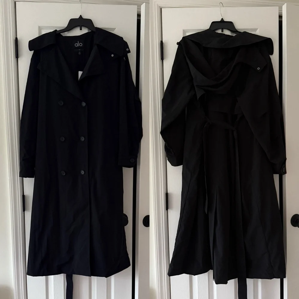 ALO Yoga Daybreak Long Coat Black Hooded Detachable Belt NEW with tag